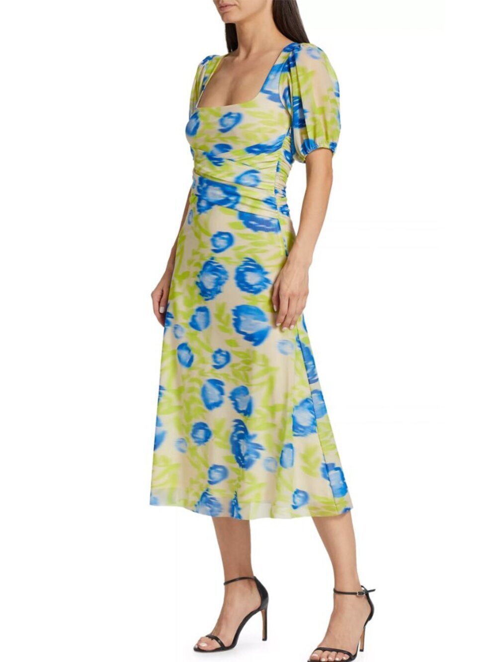GANNI Lime Blue Abstract Floral Mesh Midi Dress Size XS
